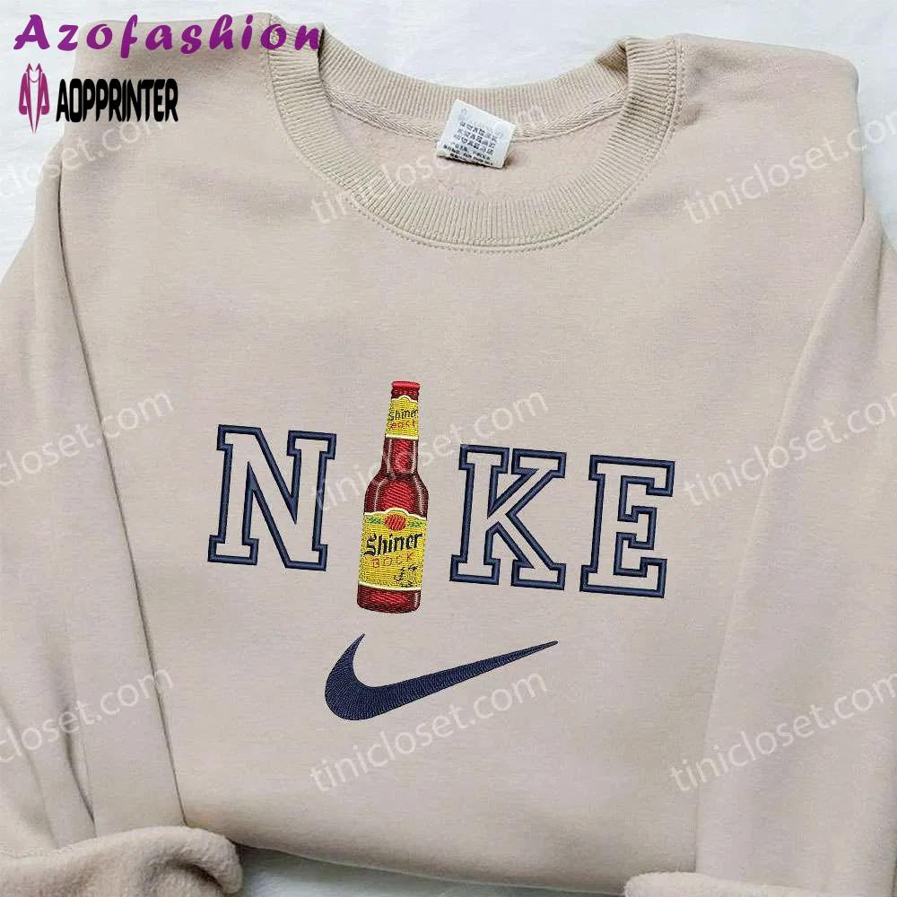 Shiner beer x nike embroidered sweatshirt: favorite drink shirt with nike inspiration Embroidered Shirt