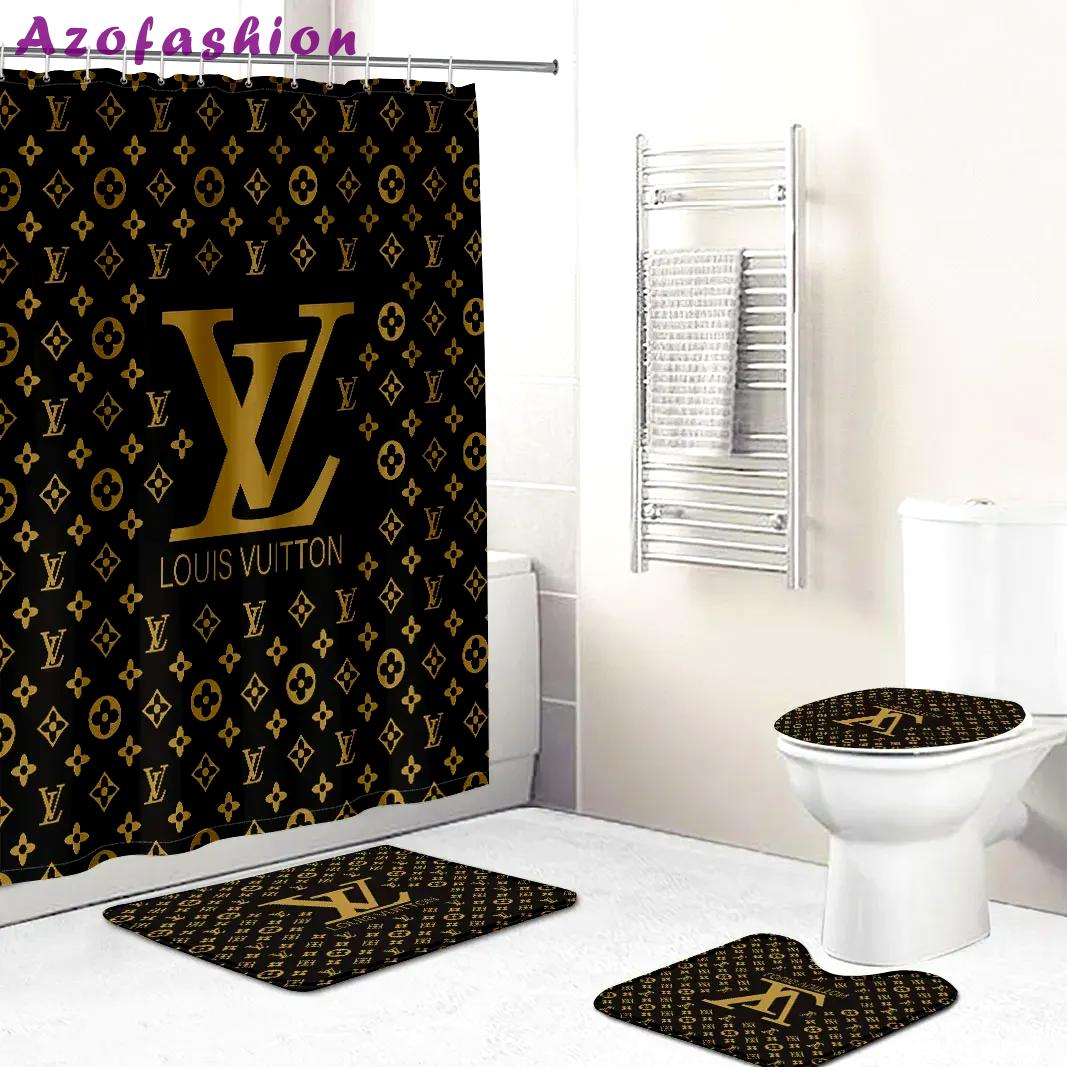 Shower curtains louis vitton brown and gold yellow logo full bathroom sets 389 Bathroom Set