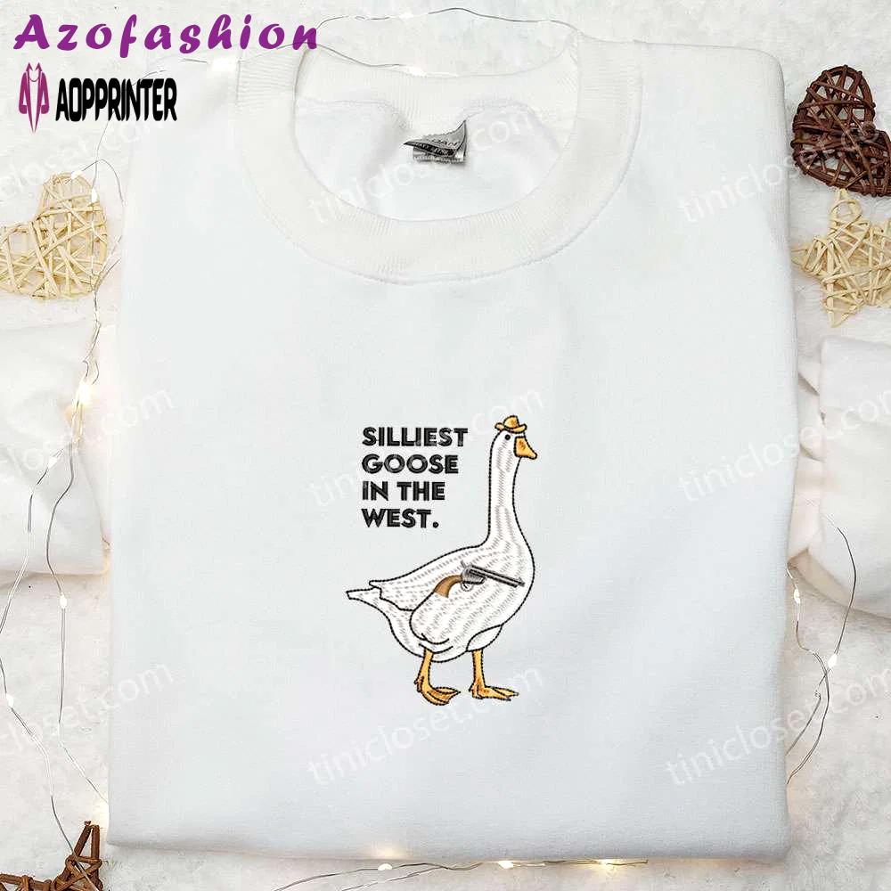 Silliest goose in the west with gun embroidered shirt – funny animal shirt Embroidered Shirt