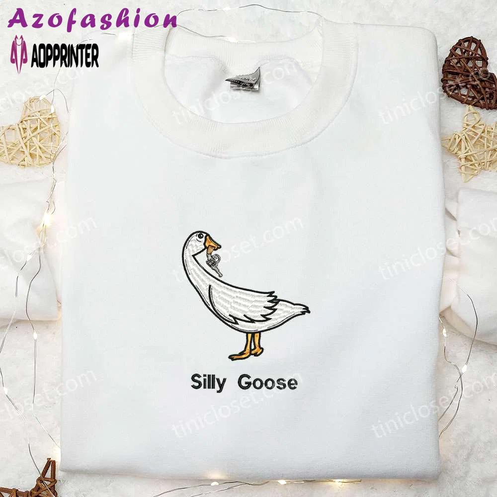 Silly goose with gun embroidered shirt: funny animal embroidery for a hilarious look! Embroidered Shirt