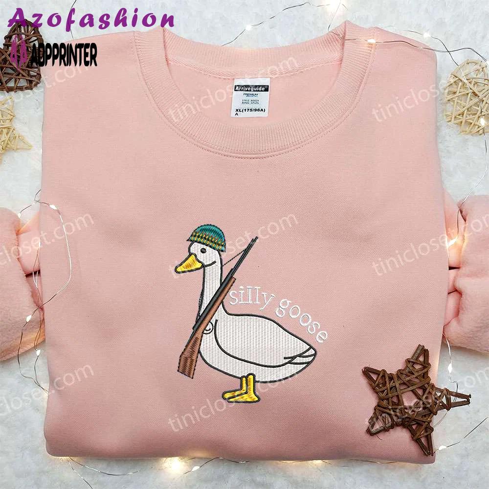 Silly goose with gun embroidered shirt funny animal tee Embroidered Shirt