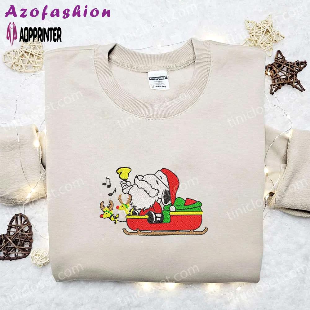 Snoopy santa riding sleigh shirt hoodie & sweatshirt: festive cartoon embroidery for christmas Embroidered Shirt
