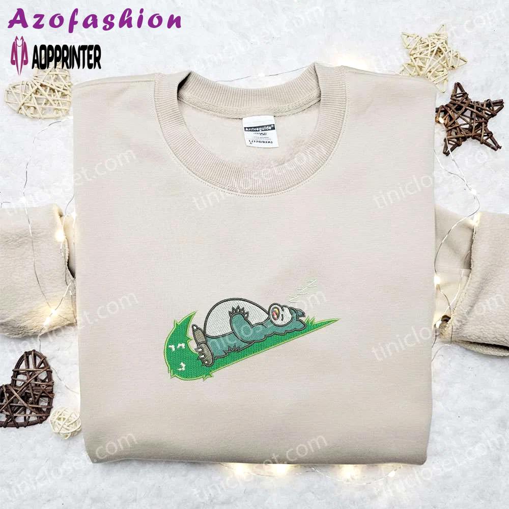 Snorlak sleeping x swoosh embroidered sweatshirt: best pokemon anime shirt perfect gift for all occasions Embroidered Shirt