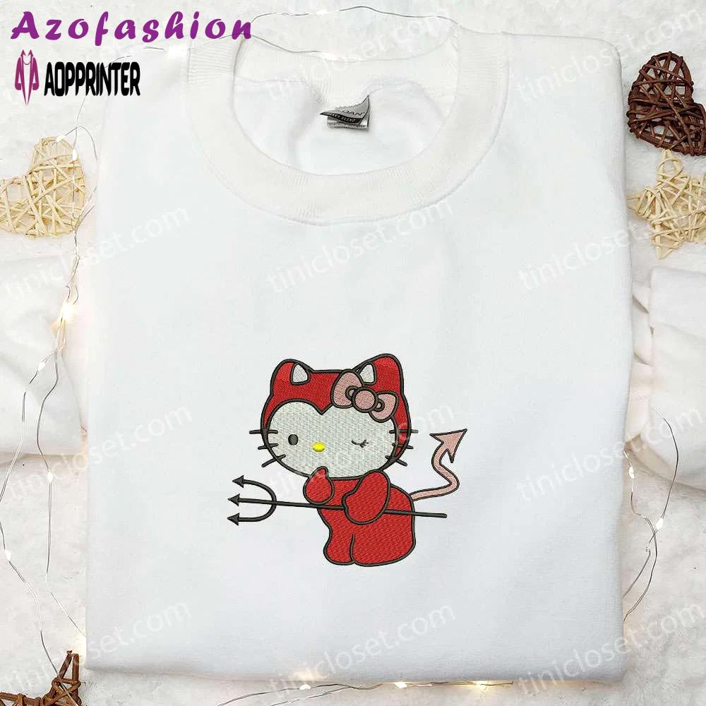Spooktacular kitty devil embroidered sweatshirt hoodie & t-shirt – perfect for spirit halloween! Embroidered Shirt