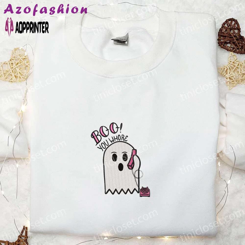 Spooky boo you whore embroidered shirt – top halloween gift ideas Embroidered Shirt