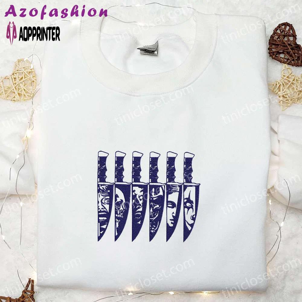 Spooky horror characters halloween knife embroidered shirt – scary & best halloween gifts for family Embroidered Shirt
