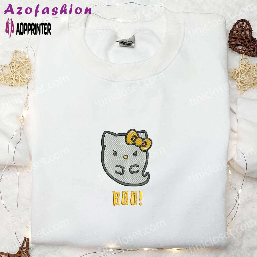 Spooky kitty boo ghost embroidered sweatshirt hoodie & t-shirt for a spirited halloween Embroidered Shirt