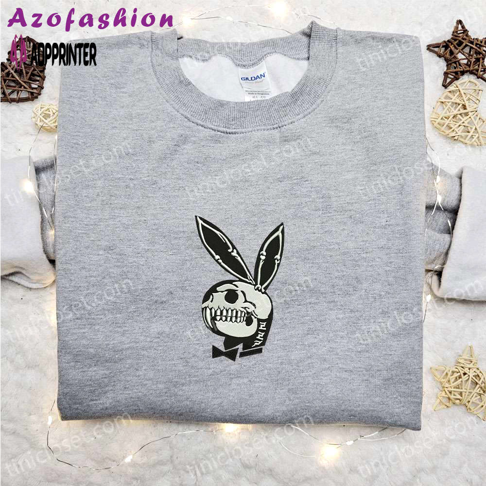 Spooky playboy bunny skeleton embroidered sweatshirt – top halloween gift ideas Embroidered Shirt