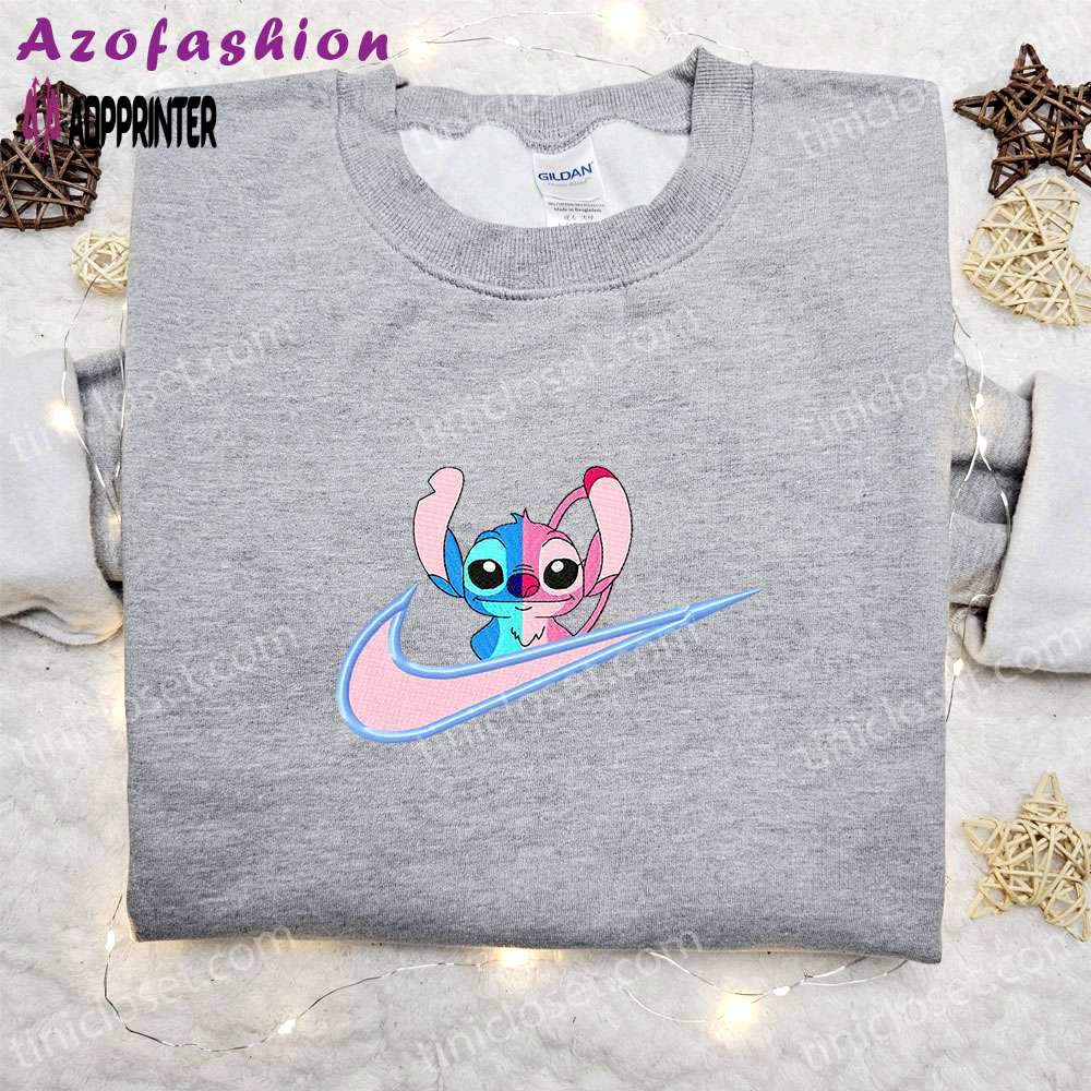 Stitch angel couple love x nike swoosh cartoon embroidered shirt – perfect lilo and stitch gift for family Embroidered Shirt