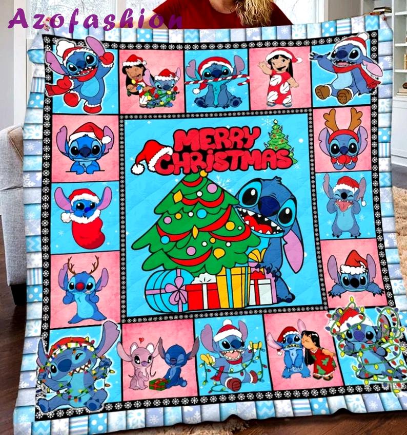 Stitch christmas blanket, stitch fleece blanket, stitch and angel couch sofa blanket, stitch birthday gift, christmas gifts Quilt Blanket