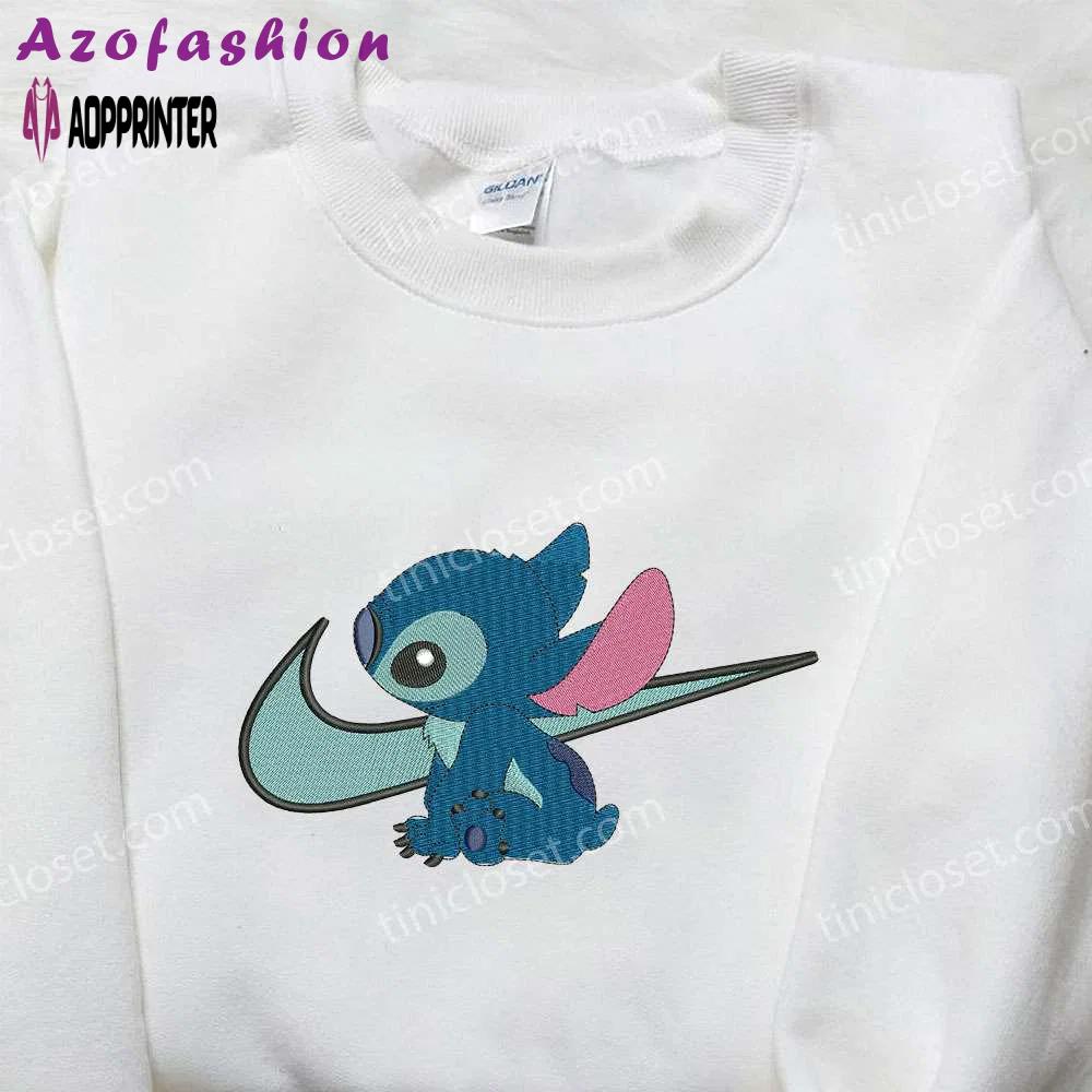 Stitch x nike swoosh & lilo cartoon embroidered sweatshirt – nike inspired shirt Embroidered Shirt