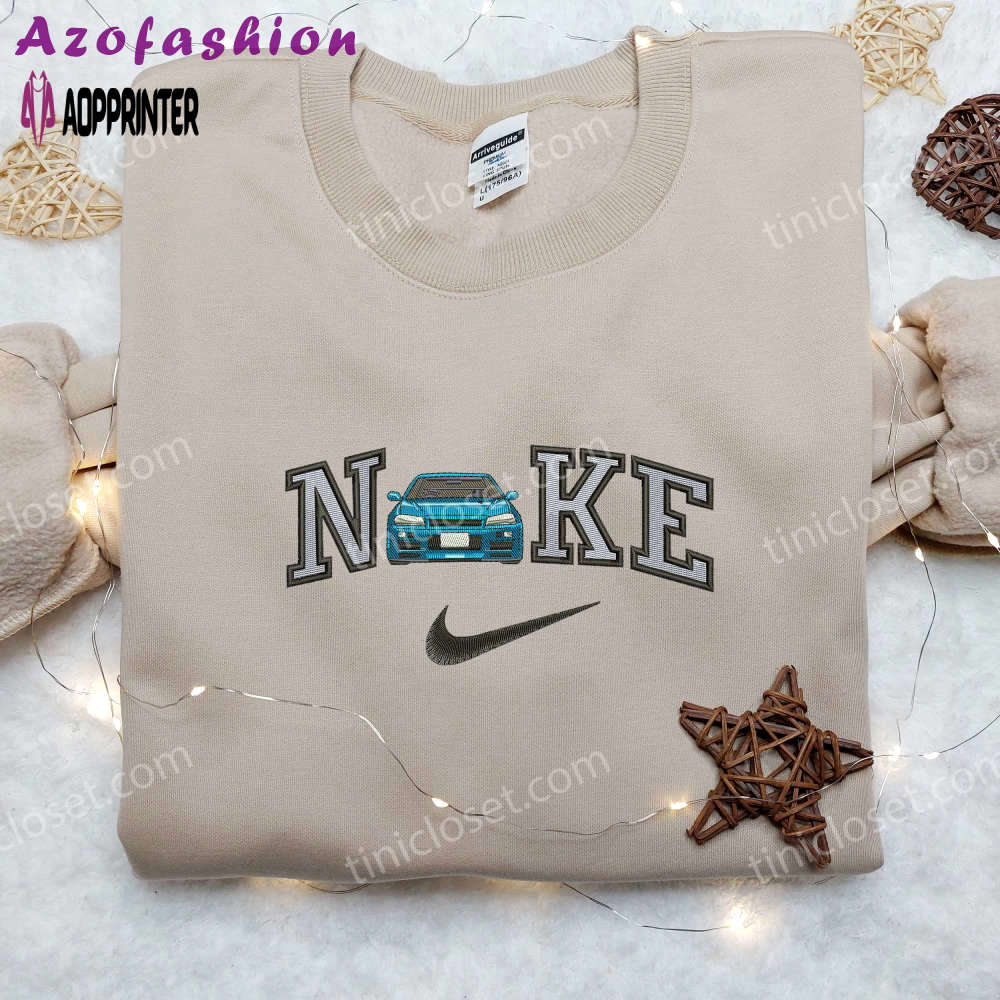 Stylish blue car x nike embroidered shirt – custom stransportation design Embroidered Shirt