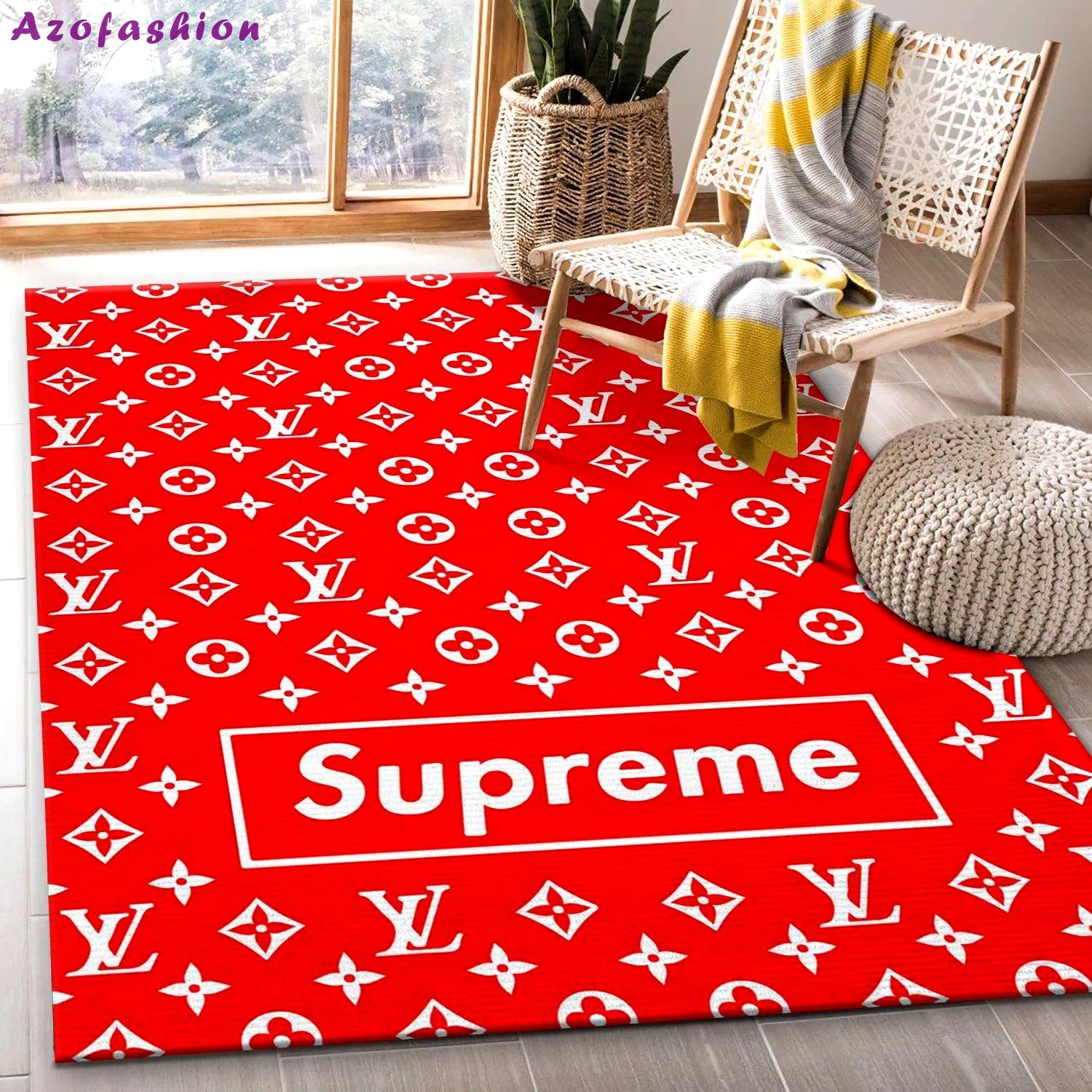Supreme lv red logo type 81. Upgrade Your Living Room with Luxury Home Decor: Area Carpets, Floor Decor, Door Mats, and Hot Gift Items with style a High-End Fashion Brand Rectangle Rug