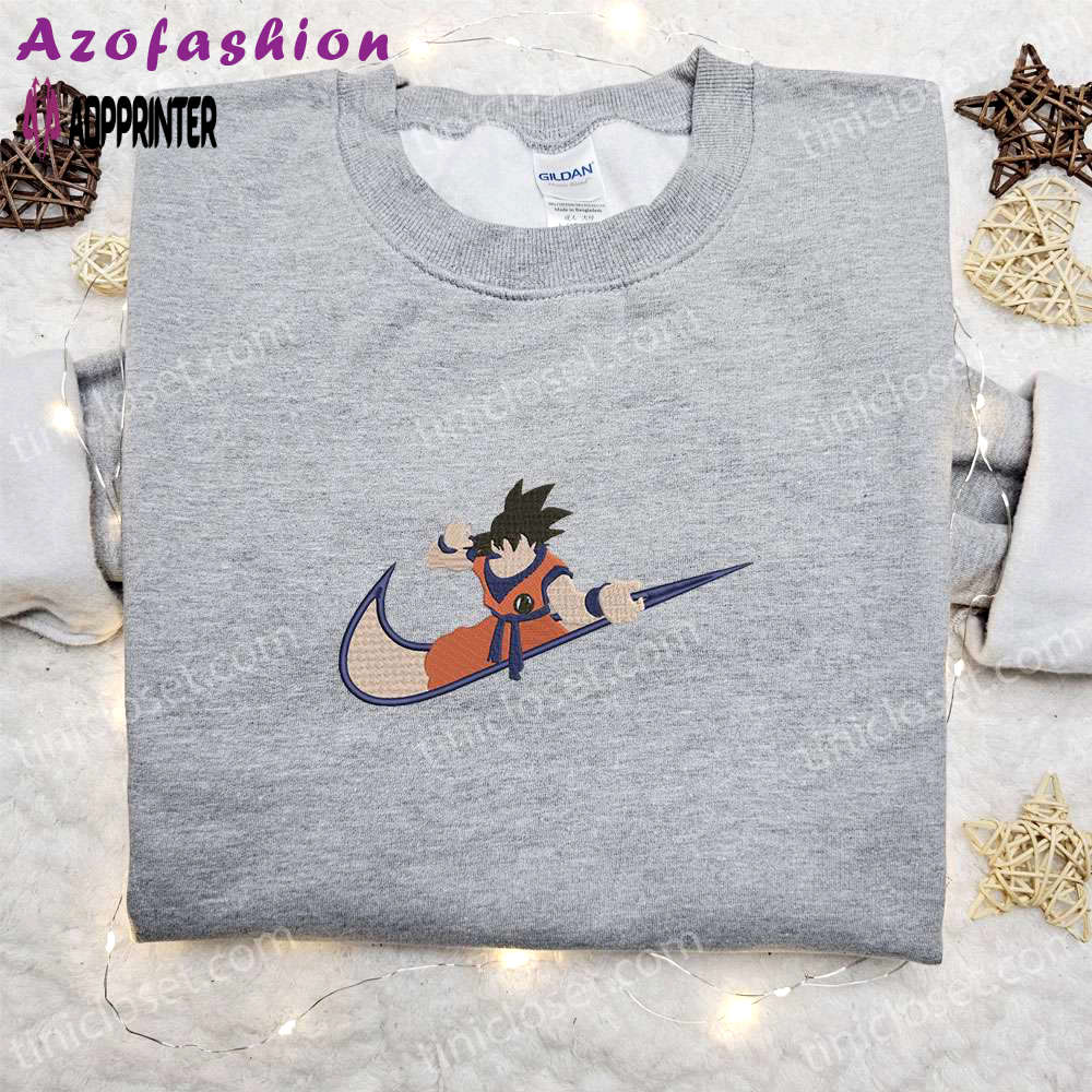 Swoosh anime x goku embroidered sweatshirt – dragon ball shirt best birthday gift ideas Embroidered Shirt
