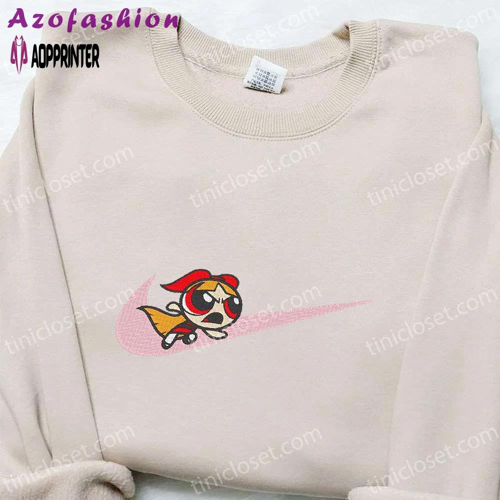 Swoosh x blossom cartoon embroidered sweatshirt powerpuff girls shirt nike inspired t-shirt Embroidered Shirt