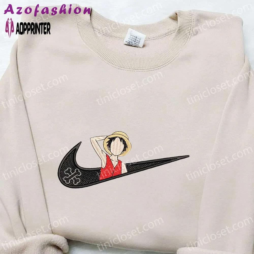 Swoosh x monkey d luffy anime embroidered sweatshirt – nike inspired cool anime clothing Embroidered Shirt