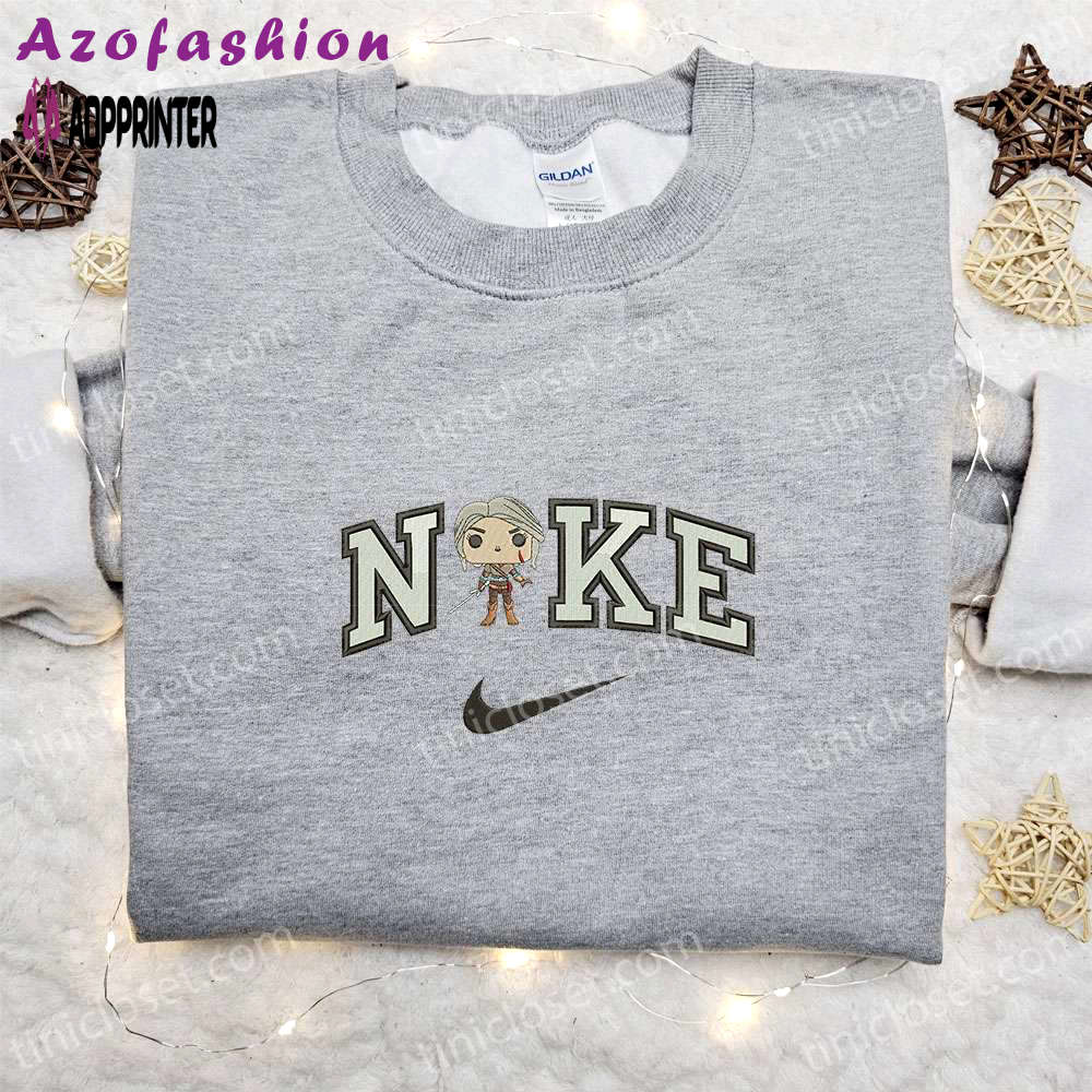 The witcher chibi x nike swoosh shirt & hoodie: best family gifts Embroidered Shirt