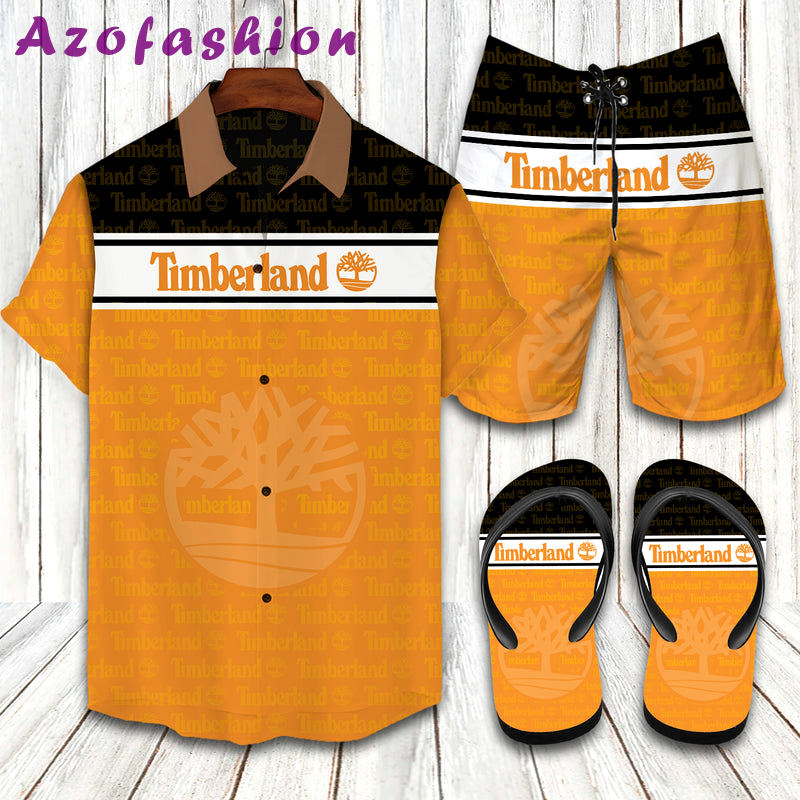 Timberland logo print orange hawaiian shirt shorts and flip flops combo Hawaii Shirt Shorts & Flip Flops