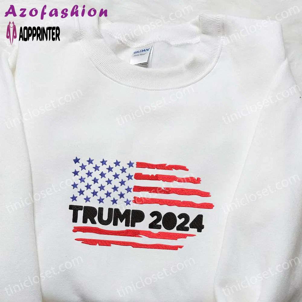 Trump 2024 us flag embroidered t-shirt sweatshirt & hoodie – hot political topics apparel Embroidered Shirt
