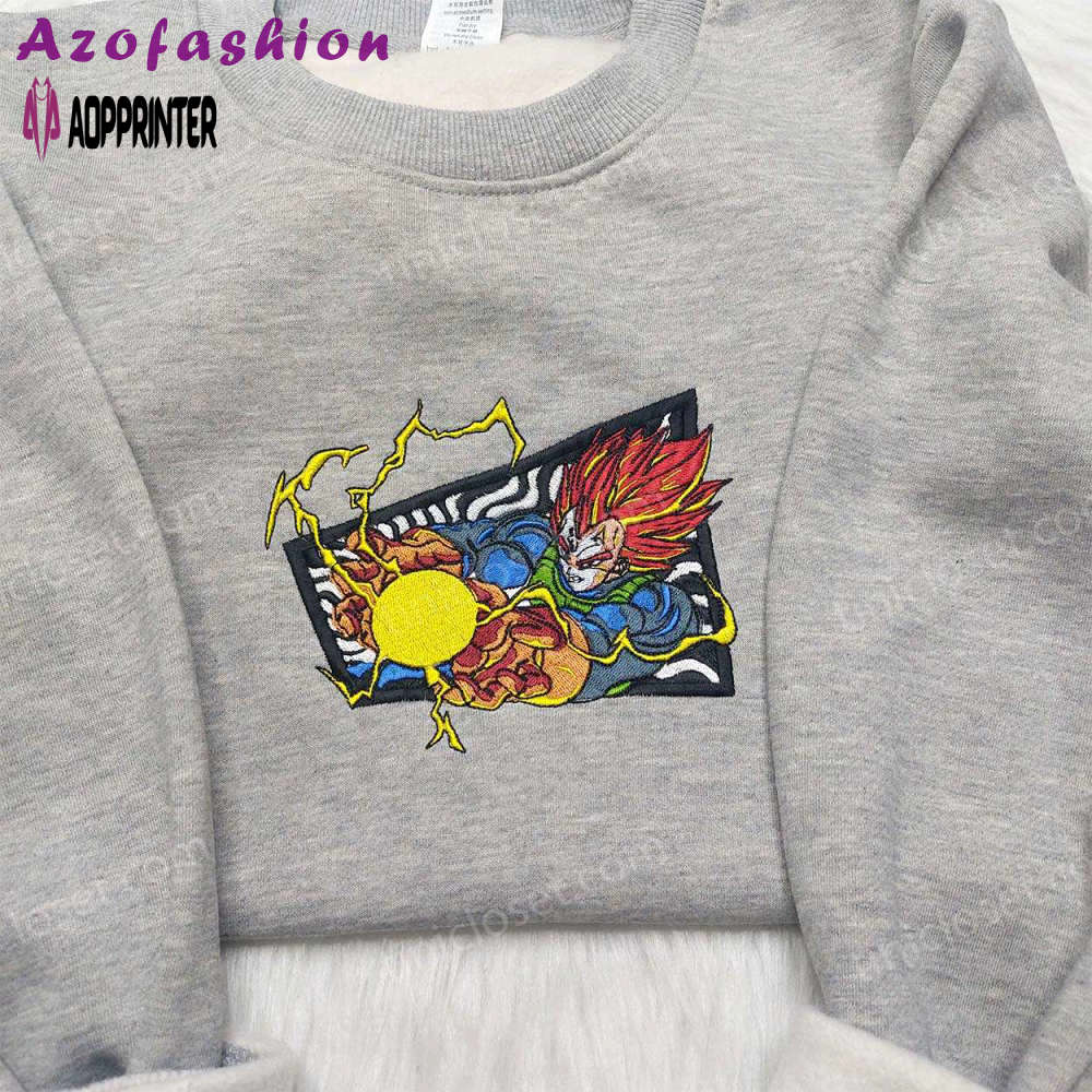 Vegeta super saiyan blue shirt: dragon ball embroidered sweatshirt – anime inspired attire Embroidered Shirt