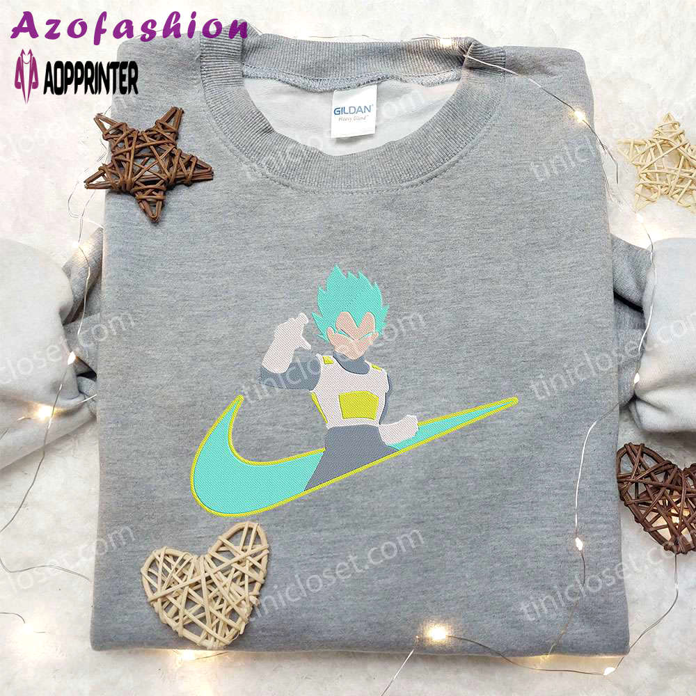 Vegeta super saiyan x nike swoosh anime embroidered hoodie & dragon ball shirt – nike inspired apparel Embroidered Shirt