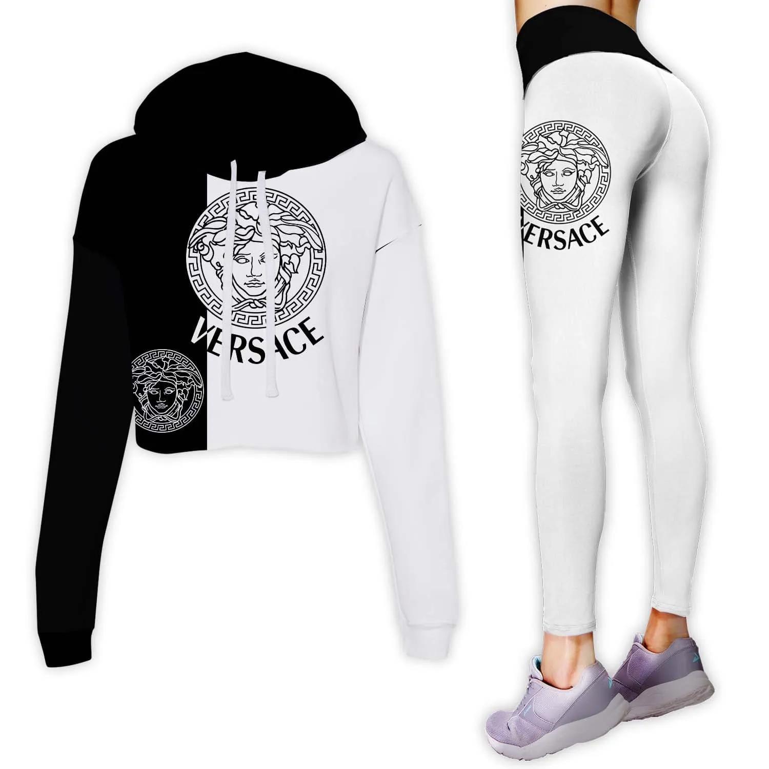 Versace black white luxury brand clothes leggings and crop top set for women Croptop Hoodie Legging Set