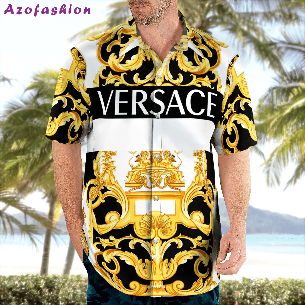 Versace gold multi baroque print luxury beach shirts hawaiian shirt Hawaii Shirt Shorts & Flip Flops