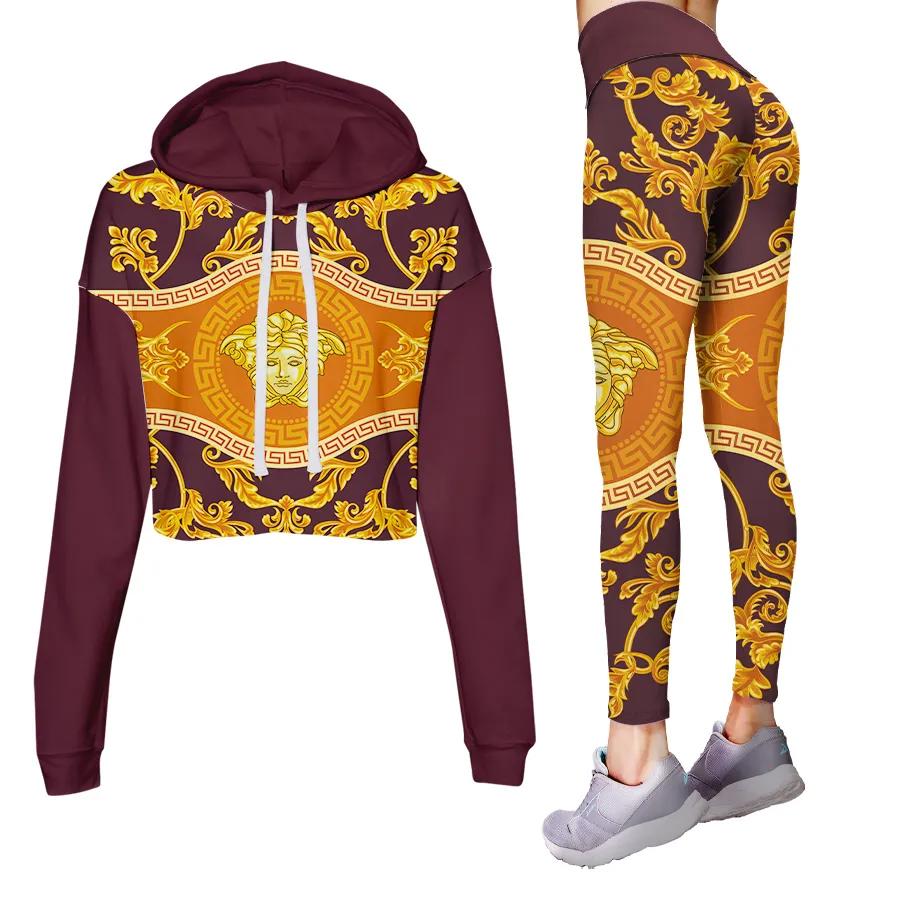 Versace golden medusa luxury brand clothes leggings and crop top set for women Croptop Hoodie Legging Set