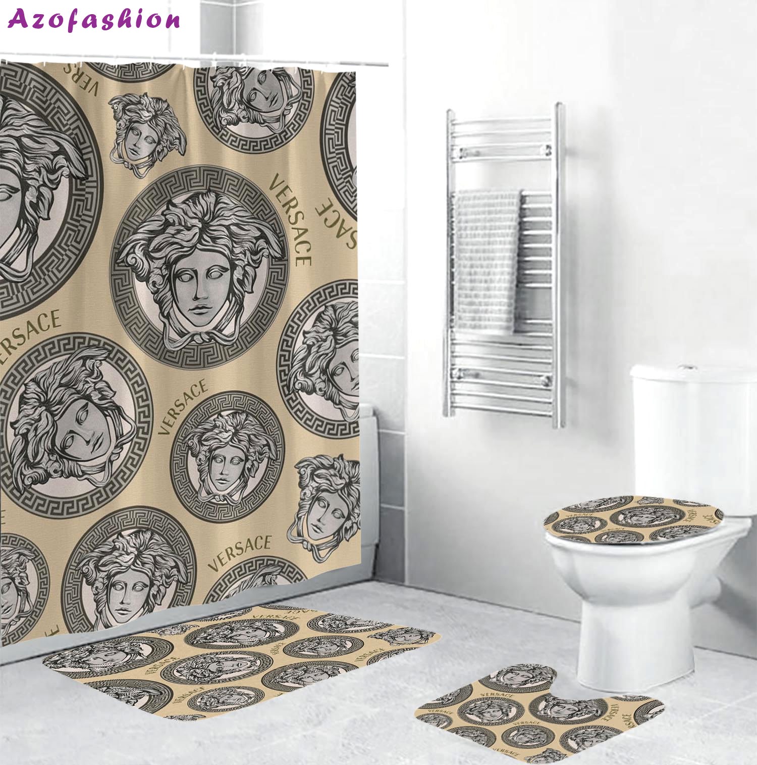 Versace silv erpattern in sand background hypebeast bath mat bathroom sets home decor luxury fashion brand Bathroom Set