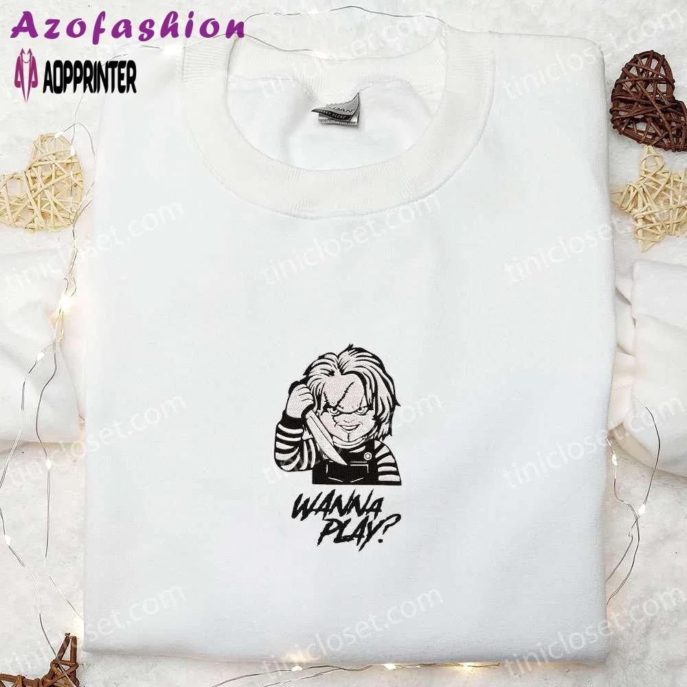 Wanna play chucky embroidered shirt: scary halloween gift for family Embroidered Shirt