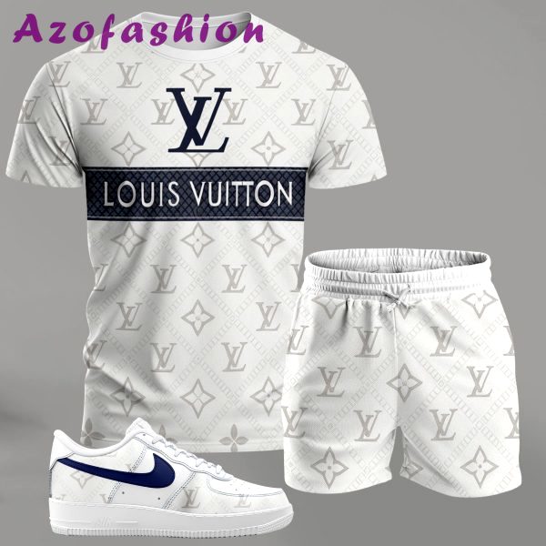 White monogram streetwear set for men, contrast stripe t-shirt and matching shorts with blue-accent sneakers T-Shirt Short Sneakers Set