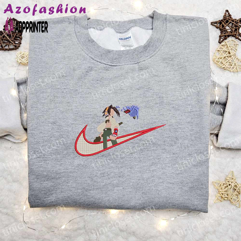 Yoh asakura x swoosh embroidered sweatshirt shaman king shirt – best family gift ideas Embroidered Shirt
