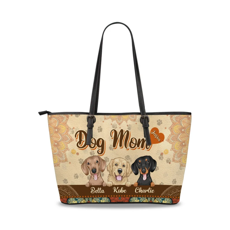 Personalized dog mom leather tote bag, dog lover tote bag, mother's day dog mom gift, custom dog tote, mothers day tote, gift for grandma 6 Leather Tote Bag