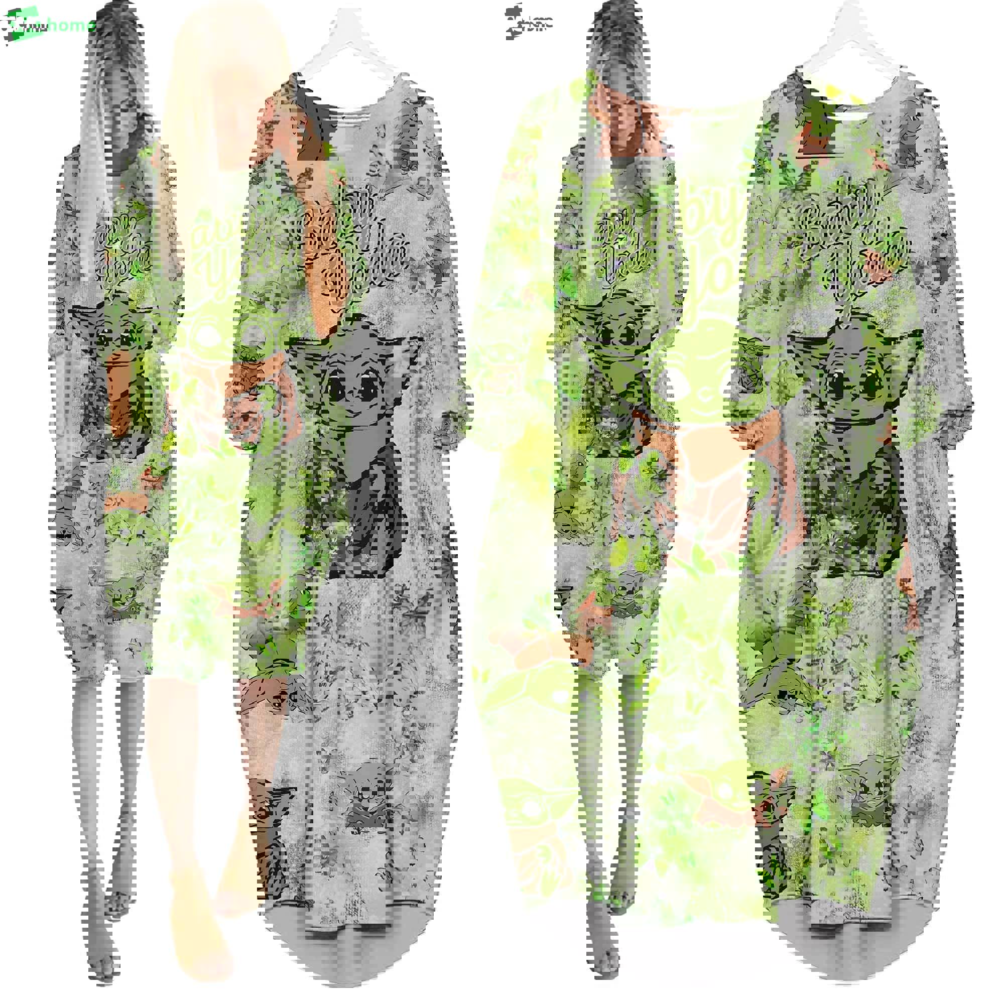 Green baby yoda star wars butterfly glitter disney cartoon batwing pocket dress outfits women hn Batwing Pocket Dress