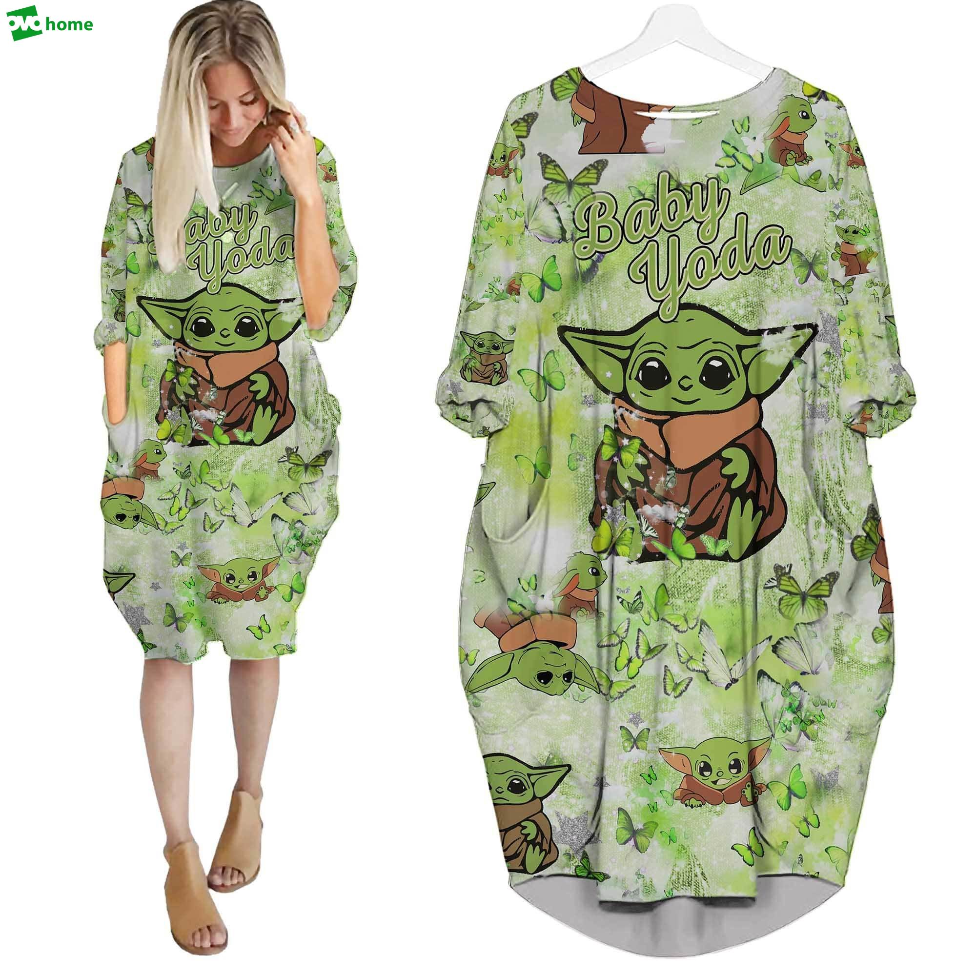 Green baby yoda star wars butterfly glitter disney cartoon batwing pocket dress outfits women hn Batwing Pocket Dress