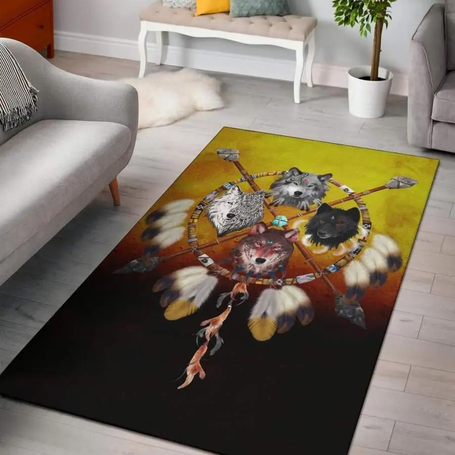 4 wolves warriors native american design area rug living room rug home decor Rectangle Rug