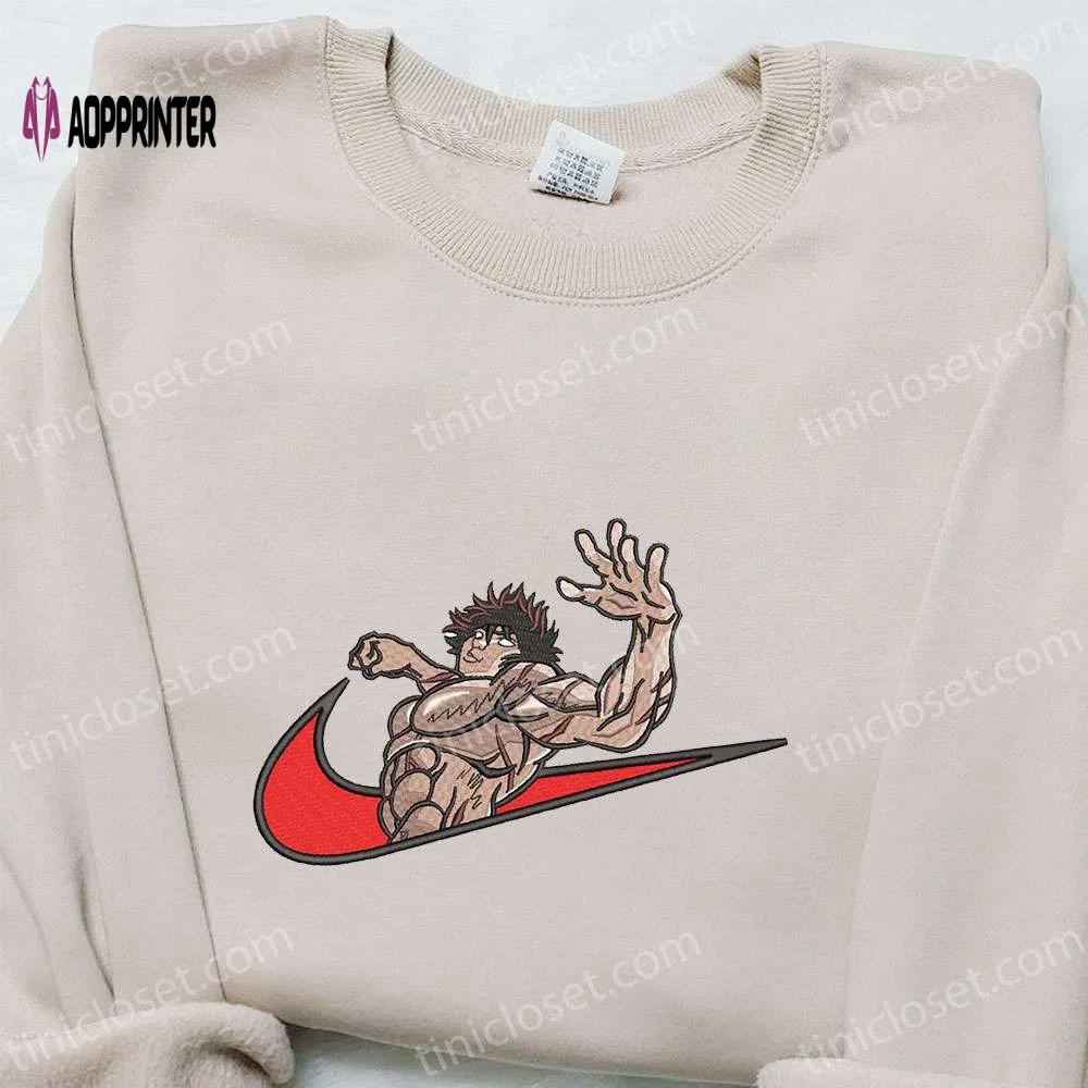 Baki hanma x nike swoosh anime embroidered shirt: best nike inspired gift for family Embroidered Shirt