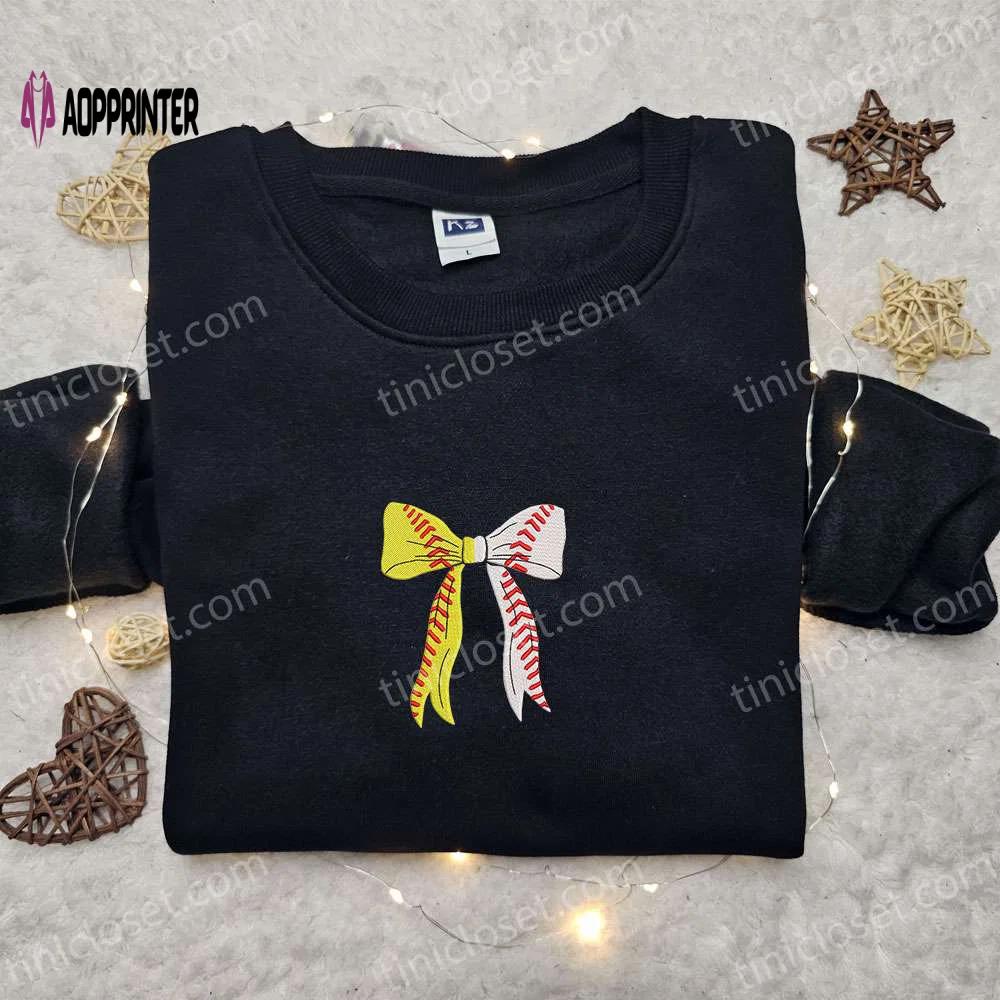 Baseball coquette bow embroidered shirt & sports hoodie: perfect gift idea Embroidered Shirt