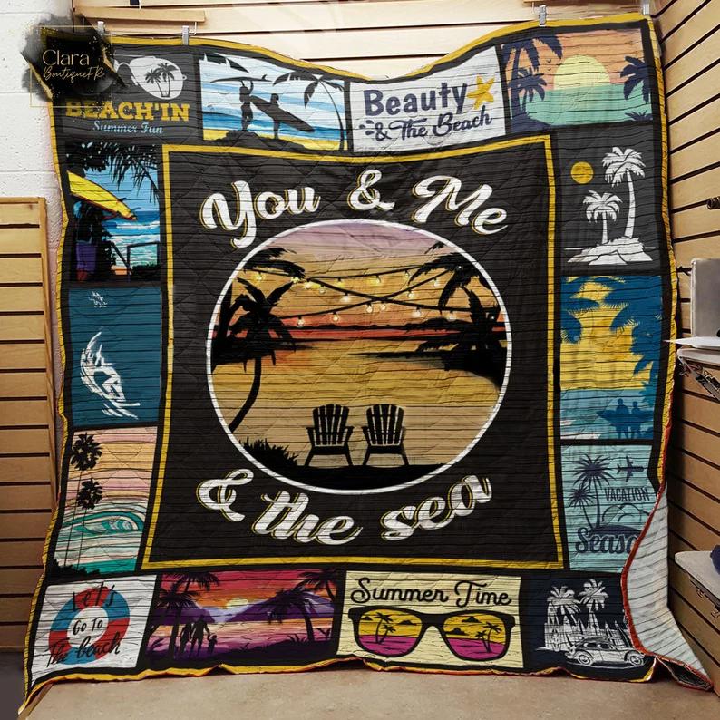 Beach you and me and the sea fleece blanket, mink sherpa blanket, beach blanket, beach lover gift, sea blanket Quilt Blanket