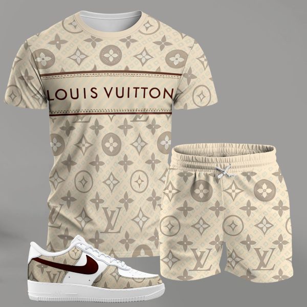 Beige monogram streetwear set for men, stripe-logo t-shirt and matching shorts with red-accent sneakers T-Shirt Short Sneakers Set