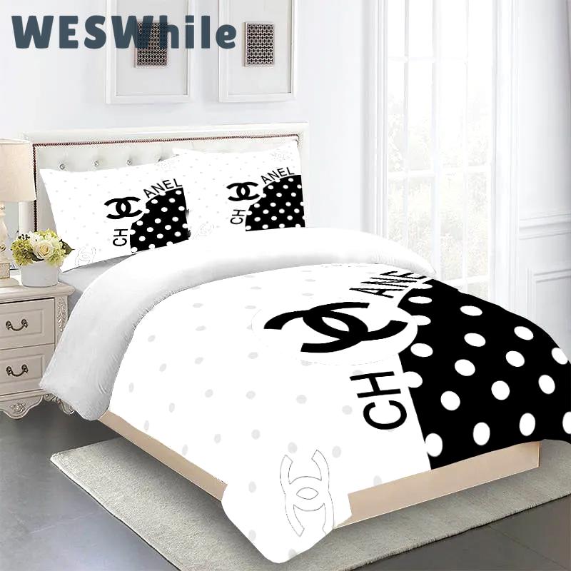 Black white chanel bedding sets luxury brand bed sets, bedroom sets, comforter sets, duvet cover, bedspread for home decor trending 2023 for home Bedding Sets