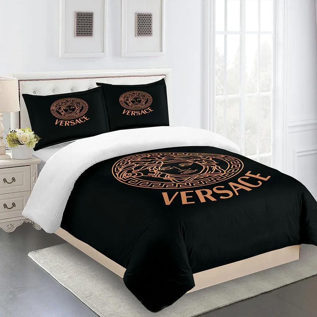 Bronze versace logo luxury brand high end premium bedding set for bedroom luxury bedspread duvet cover set with pillowcases home decoration Bedding Sets
