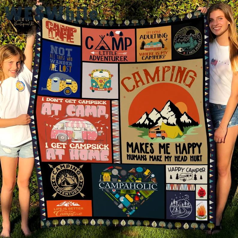 Campaholic camping makes me happy, humans make me head hurt fleece blanket, mink sherpa blanket, camping lover gift, camper blanket Quilt Blanket
