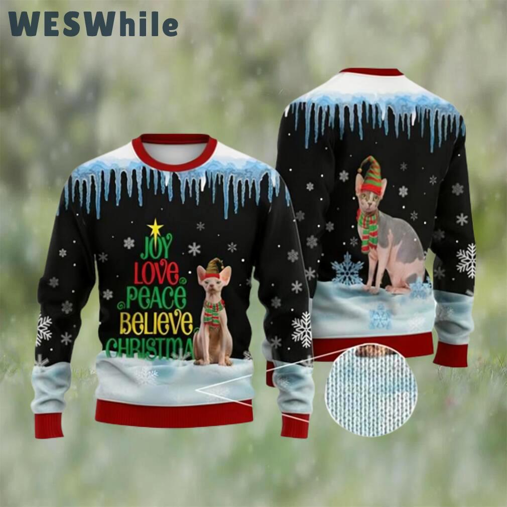 Cat christmas sweater, sphynx cat joy love peace believe ugly christmas sweater Christmas Ugly Sweater