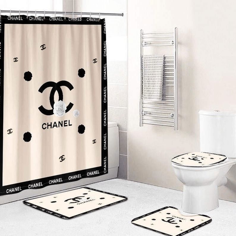 Chanel beige logo type 1730 Bathroom Accessory Sets Bathroom Sets Bath Mat Set Waterproof Shower Curtain Pedestal Rug Toilet Cover Luxury Fashion Brand Hypebeast Bathroom Home Decor