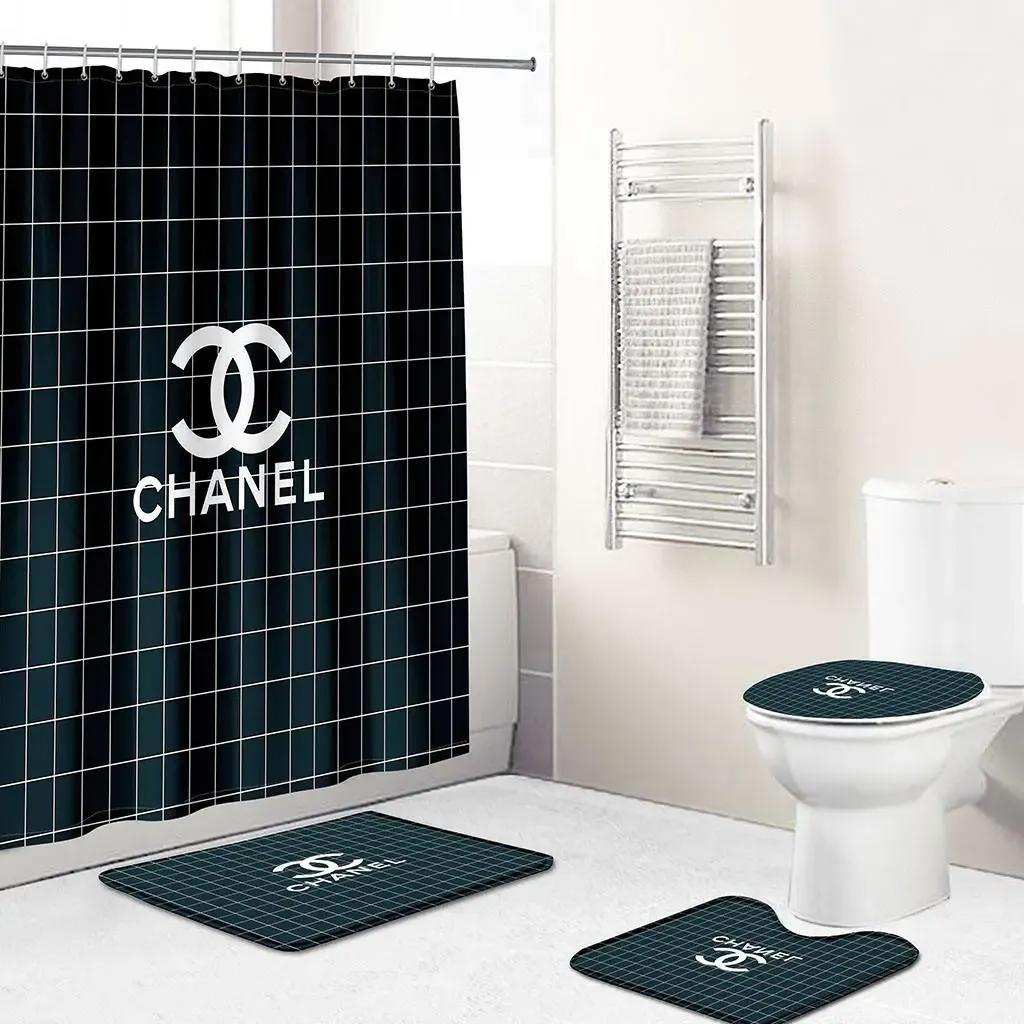 Chanel black and white strip bathroom set bath mat luxury fashion brand hypebeast home decor Bathroom Set