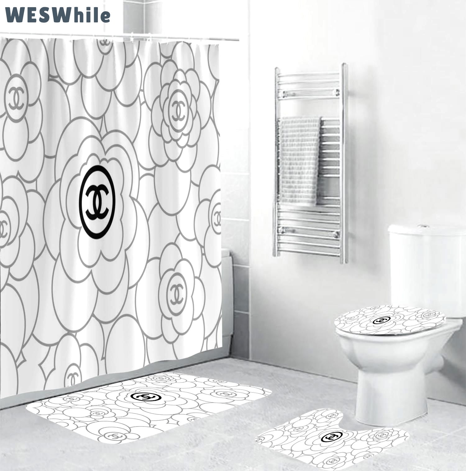 Chanel black signature flowers in white back ground bath mat home decor bathroom sets hypebeast luxury fashion brand Bathroom Set
