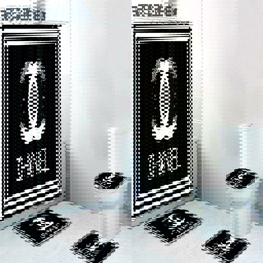 Chanel black square luxury brand premium bathroom set shower curtain bath mat set home decor Bathroom Set