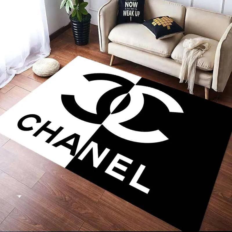 Chanel black white logo type 1037. Upgrade Your Living Room with Luxury Home Decor: Area Carpets, Floor Decor, Door Mats, and Hot Gift Items with style a High-End Fashion Brand Rectangle Rug