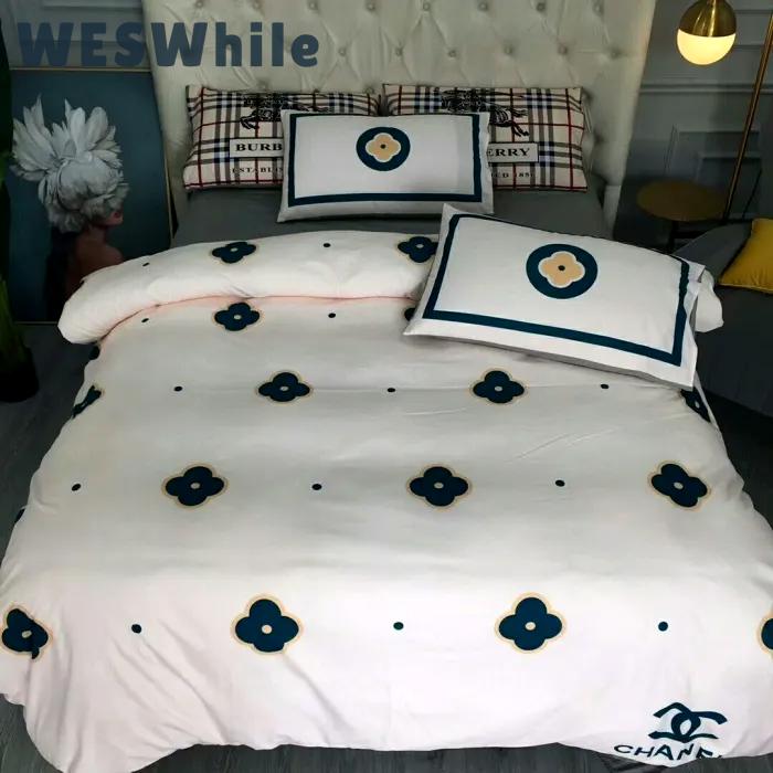 Chanel flower white printed bedding sets quilt sets duvet cover luxury brand bedding decor bedroom sets best luxury bed sets gift thankgivings and christmas Bedding Sets